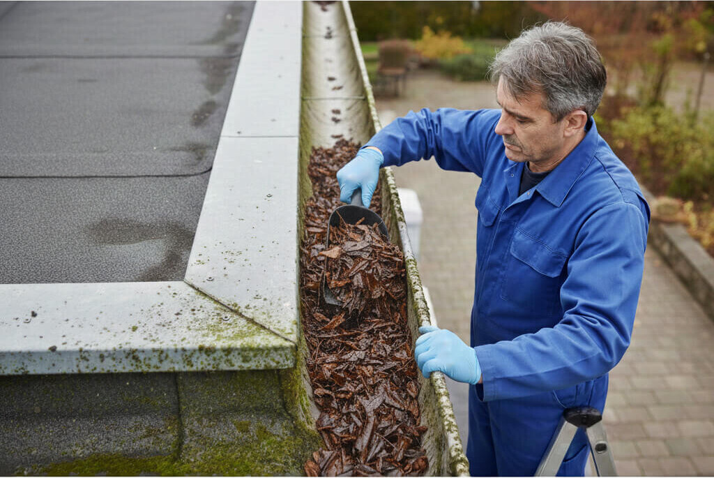 Reinigungskraft auf Leiter stehend reinigt eine Dachrinne von Laub und Schmutz