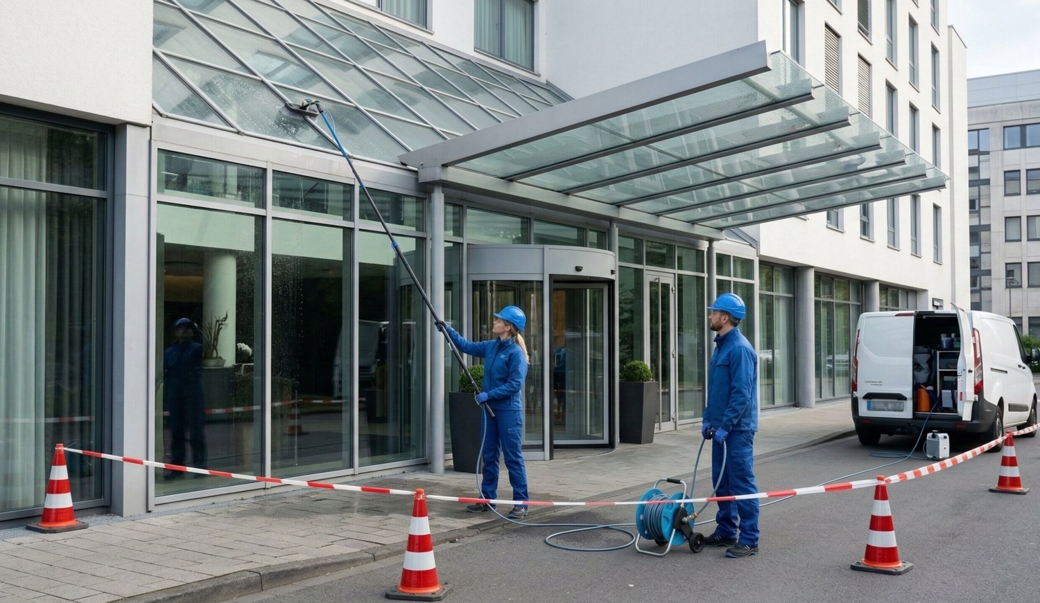 Professionelles Team von Reils & Wahl bei der Glasdachreinigung eines Hotels mit Reinwasser-System und Sicherheitsabsperrung.
