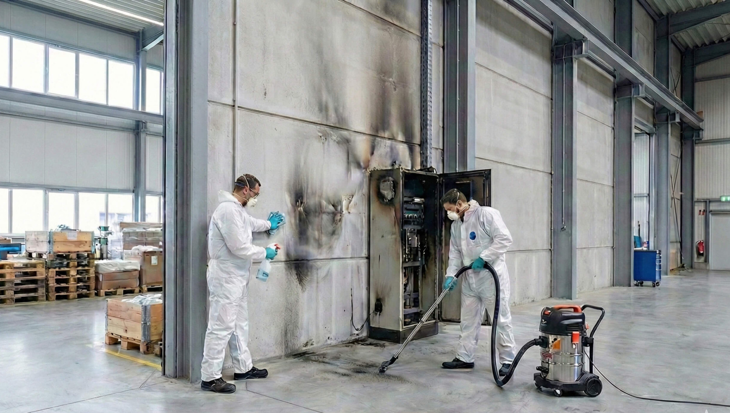 Reinigungskräfte säubern eine Brandstelle in einer Industriehalle Brandschadensanierung in einer Industriehalle