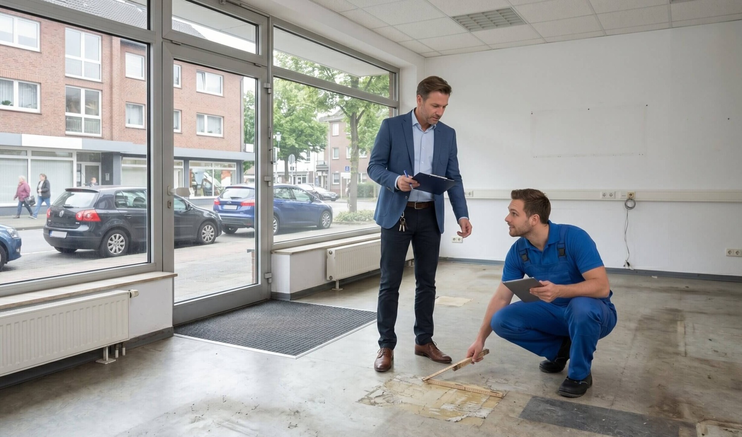 Vor-Ort-Begehung vor einer Grundreinigung Immobilienmanager und Reinigungskraft besprechen in einer fast leeren Bürofläche ein Übergabeprotokoll und sichtbare Nutzungsspuren am Boden.