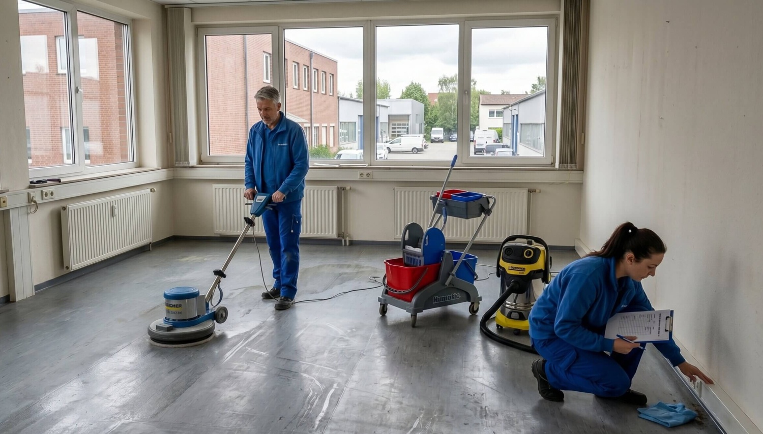 Grundreinigung einer Gewerbefläche Zwei Reinigungskräfte in mittelblauer Arbeitskleidung bereiten eine leere Gewerbefläche mit sichtbaren Laufstraßen und Randverschmutzungen auf die Grundreinigung vor.