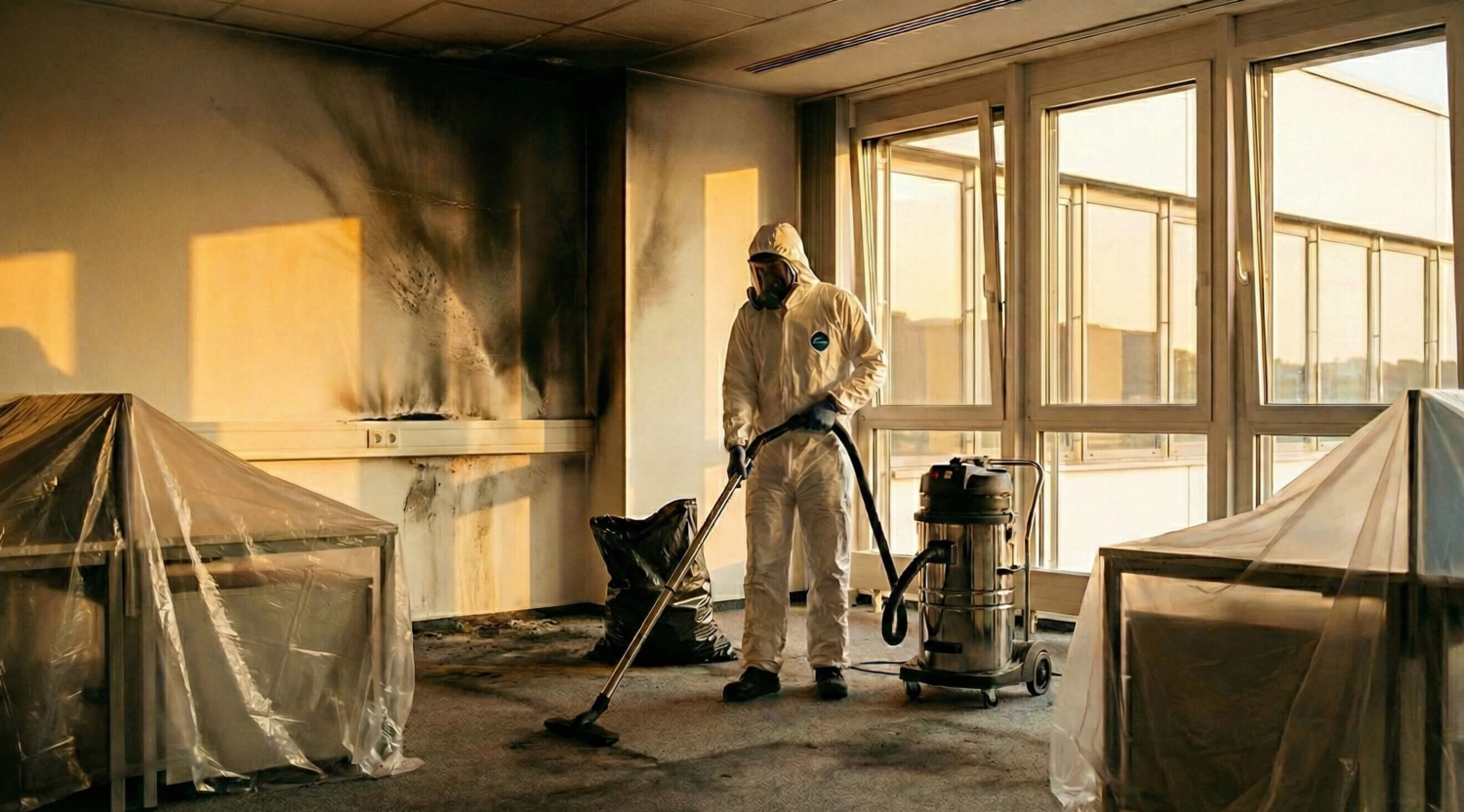 Büroreinigung von Brandschäden Reinigungskraft reinigt ein Büro von Brandschäden