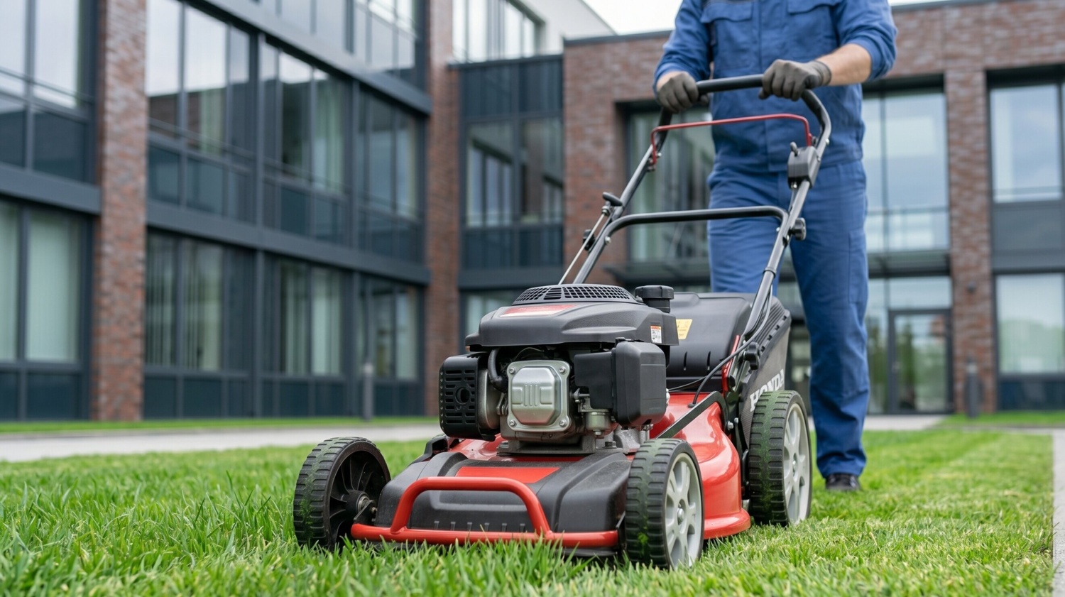 Professionelle Rasenpflege für gewerblichen Grünflächen in NRW Detailaufnahme eines Mitarbeiters beim Mähen einer gewerblichen Grünfläche, mit Fokus auf Beine und Rasenmäher.