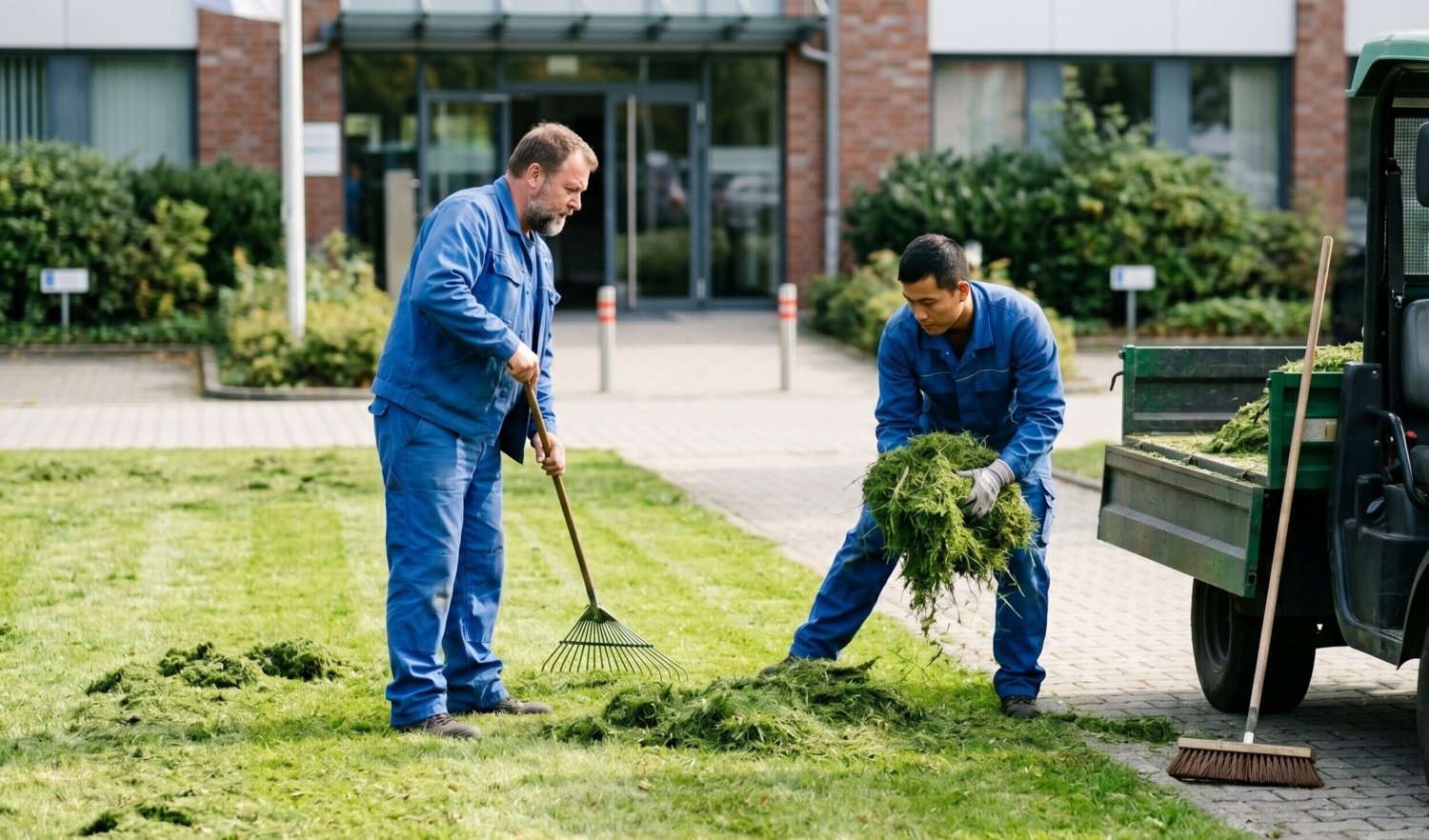 Grünschnitt-Entsorgung nach der Rasenpflege Zwei Männer entsorgen Grünschnitt nach der Rasenpflege vor einer Gewerbeobjekt