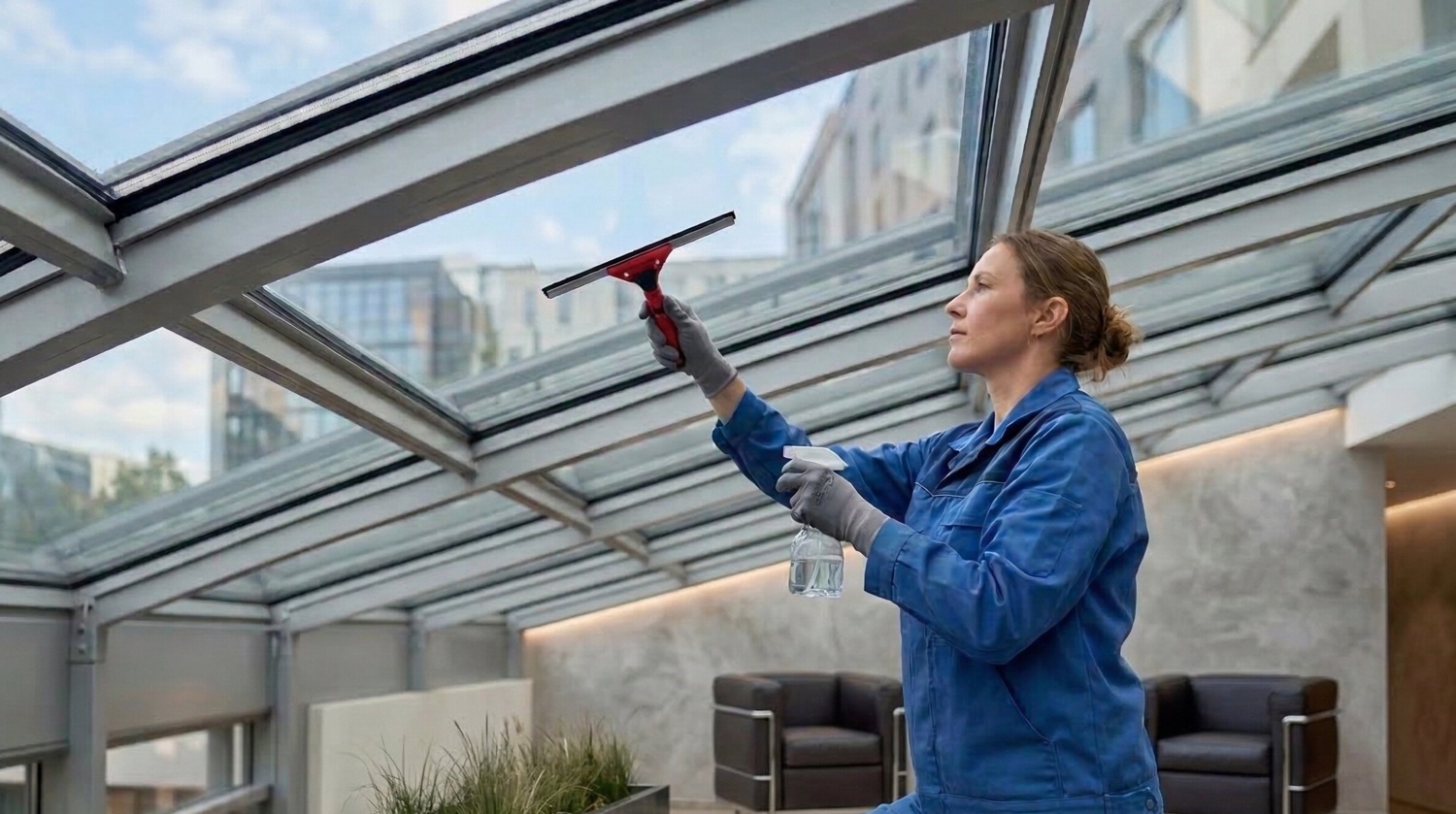 Eine Reinigungskraft in blauer Arbeitskleidung reinigt von innen ein großes, metallgerahmtes Glasdach mit einem Abzieher und einer Sprühflasche.