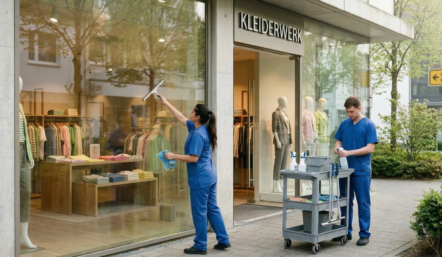 Glasreinigung bei Pollenflug: Schaufenster eines Modegeschäfts wird professionell gereinigt