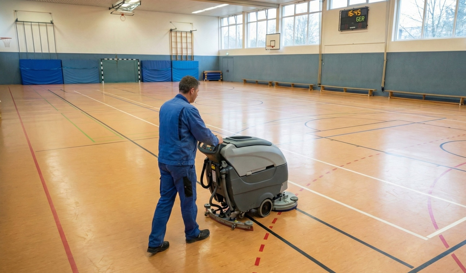 Reinigungskraft reinigt eine Sporthalle