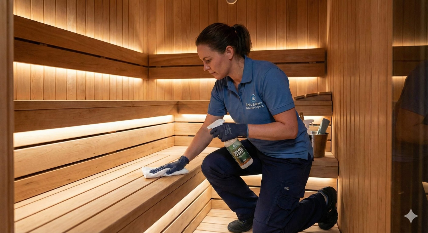 Reinigungskraft säubert eine Sauna