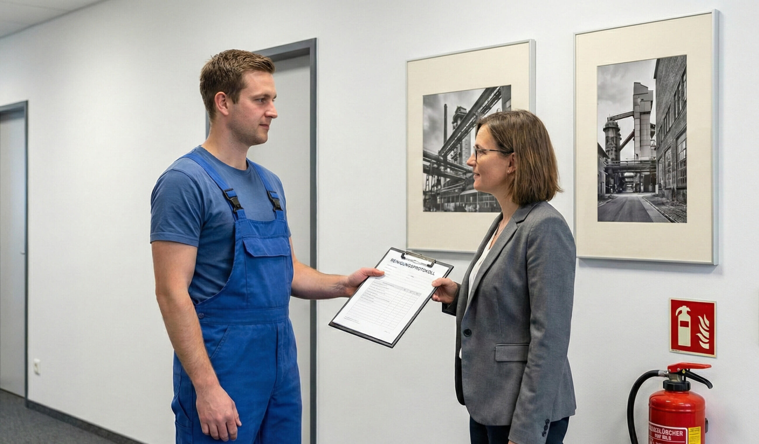Dokumentierte Reinigungsvorgänge - auch bei Brandsanierung Reinigungskraft übergibt Reinigungsprotokoll