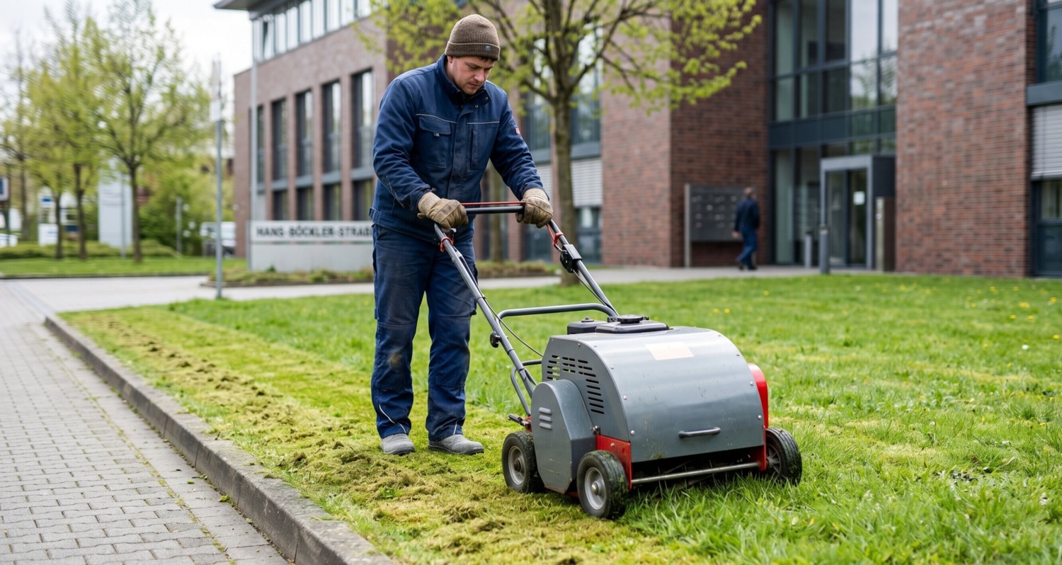 Vertikutieren von gewerblichen Rasenflächen – Warum Mähen nicht reicht Professionelle Rasenpflege und Vertikutieren für Unternehmen im Kreis Mettmann und Düsseldorf.