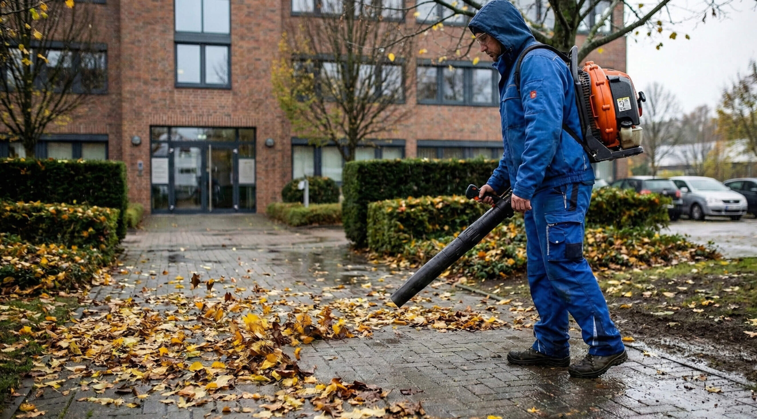 Reinigungskraft mit Laubbläser vor Firmengebäude, das Herbstlaub wird weggeblasen