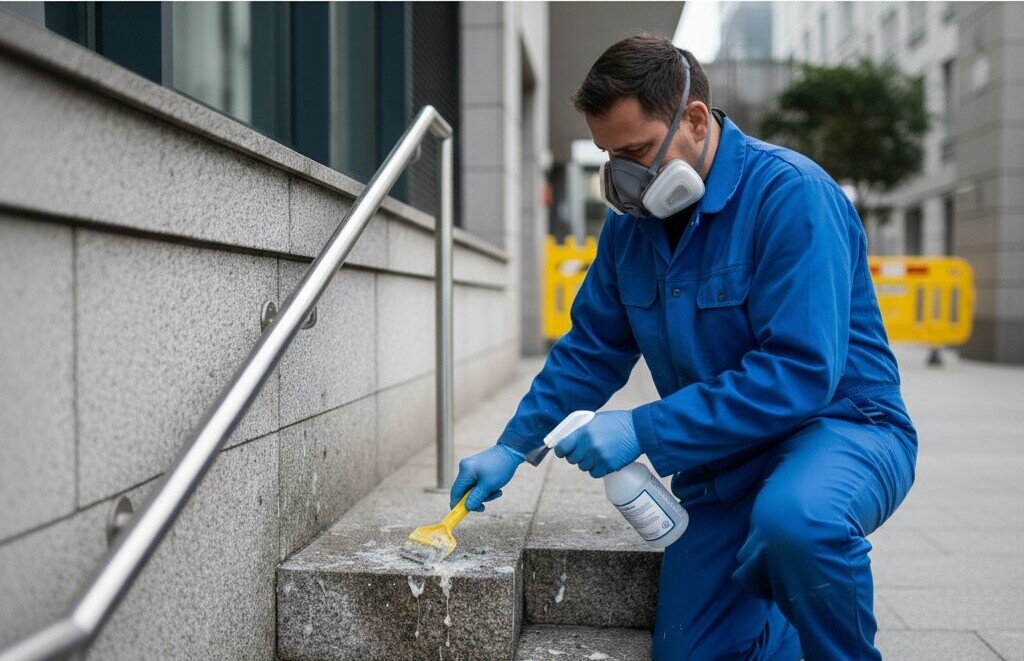 Frühjahrsreinigung von Außenanlagen Mann in blauer Arbeitskleidung mit Hochdruckreiniger beseitigt im Frühling Split, Laub und Dreck