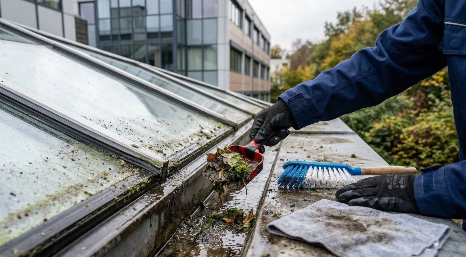 Nahaufnahme einer Glasdachreinigung: Eine Reinigungskraft entfernt Moos und Schmutz aus einer Entwässerungsrinne neben einer Glasfläche.