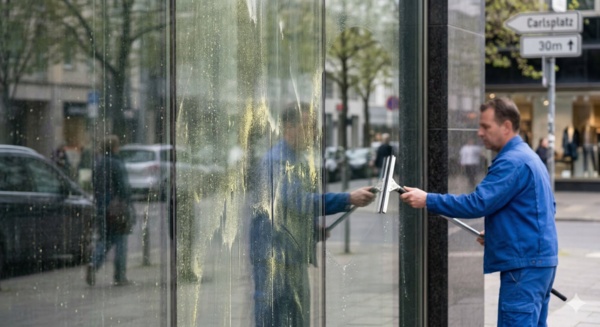 Blütenstaub-Reinigung einer Glasfassade im Frühling