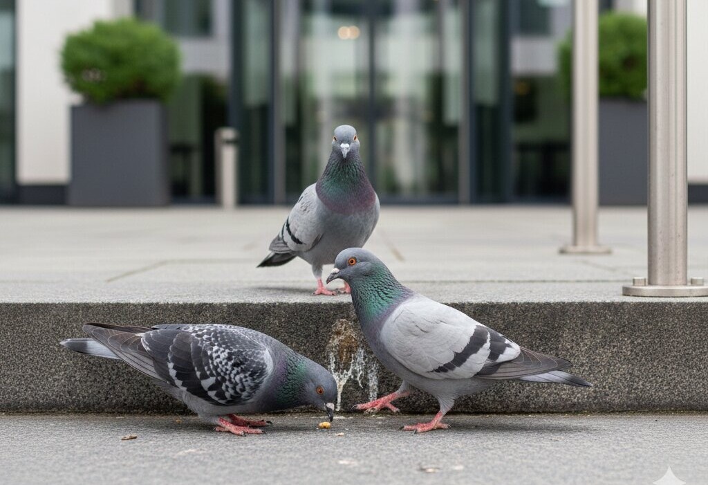 Außengelände-Reinigung im Herbst, Winter und Frühjahr Reinigungskraft mit Laubbläser vor Firmengebäude in NRW, das Herbstlaub wird weggeblasen