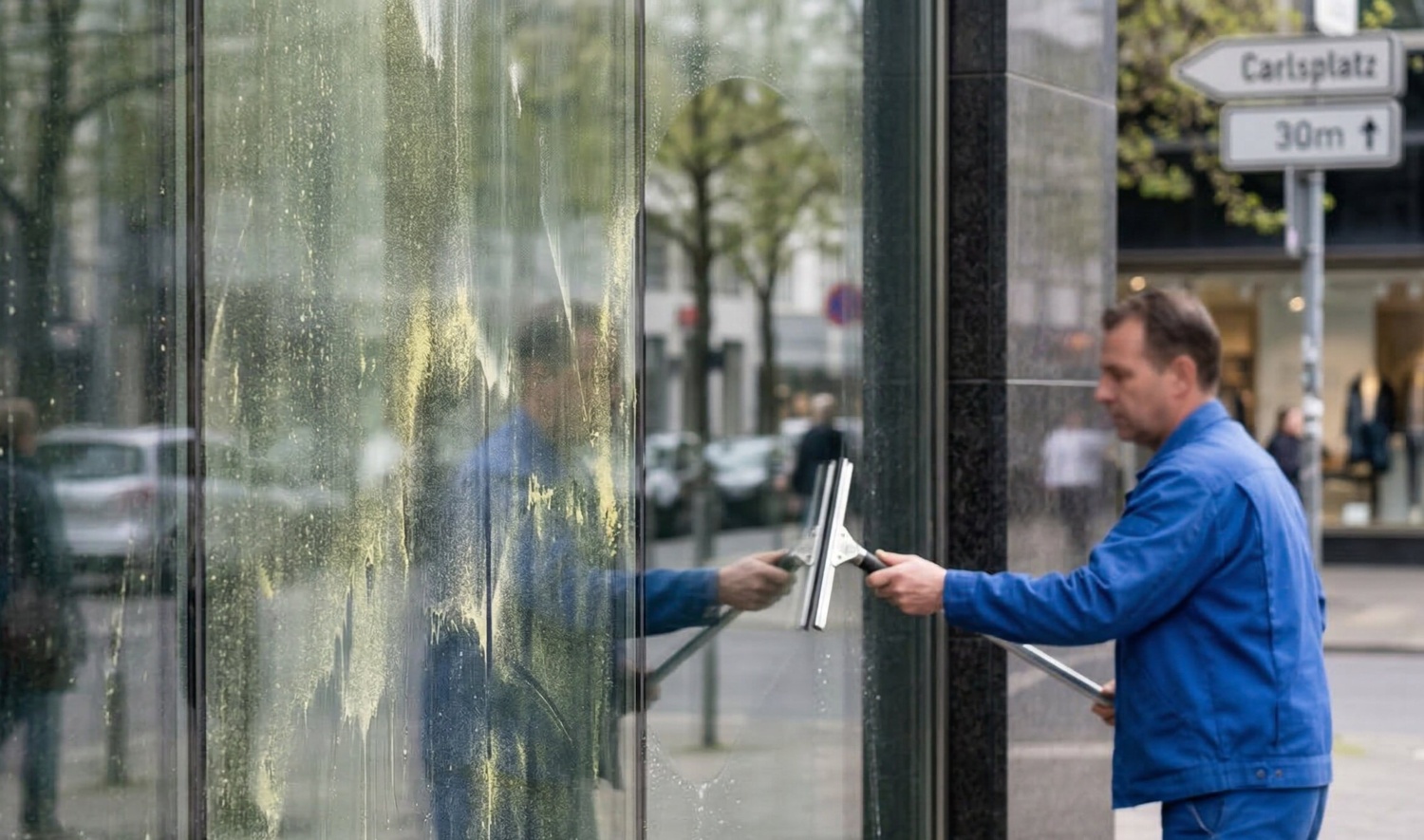 Nahaufnahme einer Glasfassade mit sichtbarem Pollenfilm und gereinigter Fläche im Vergleich